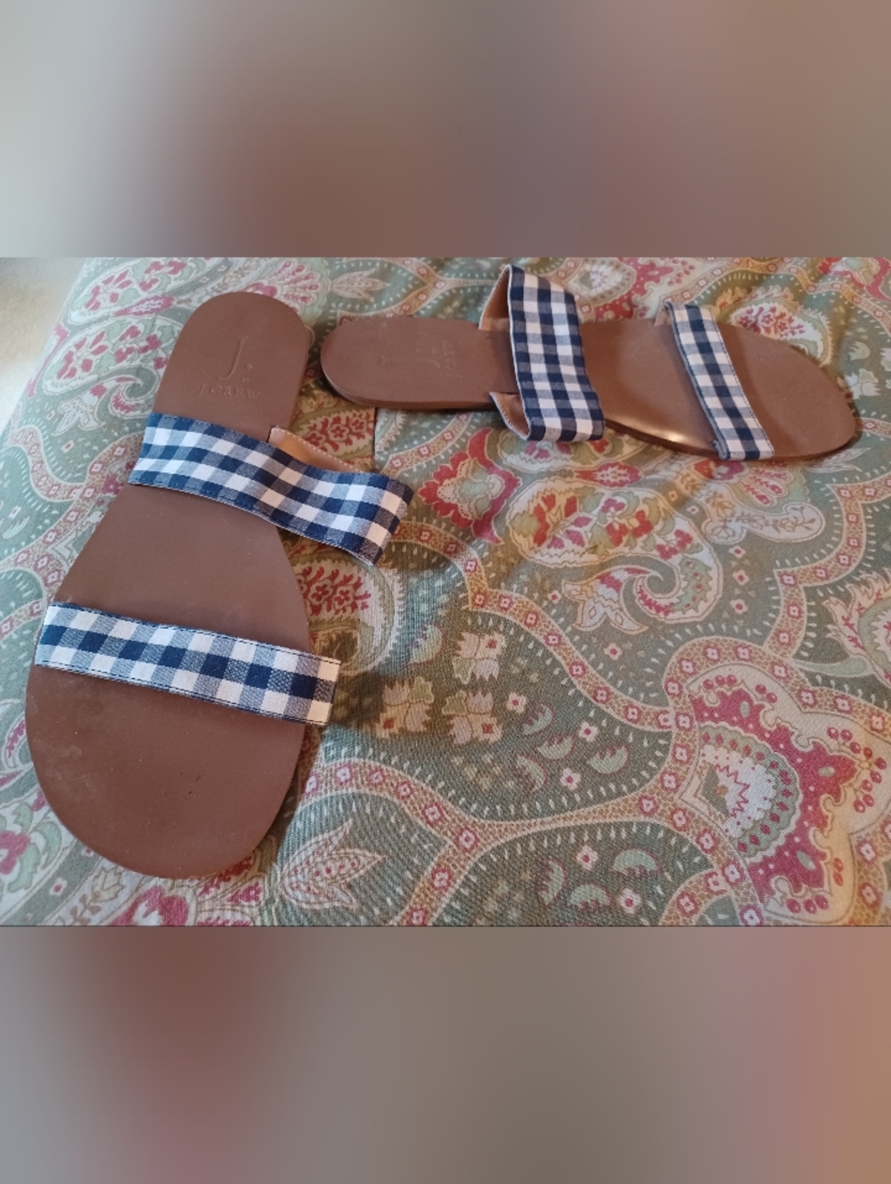 J Crew 10 blue white plaid sandals slides shoes flatws